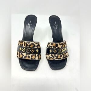 Louis Vuitton Revival LV Calf Pony Hair Leopard Print Mule Heel Sandal 37 EU